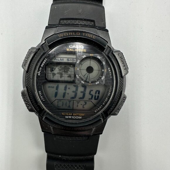 Casio World Time Watch Men 43 MM Round Dial Black WR 100M New Battery 10" - Picture 1 of 13